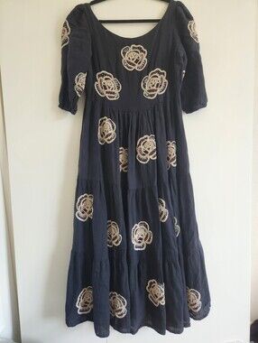 Transcend by Anthropologie Black Embroidered Tiered Midi Dress Boho 3/4 Sleeve S